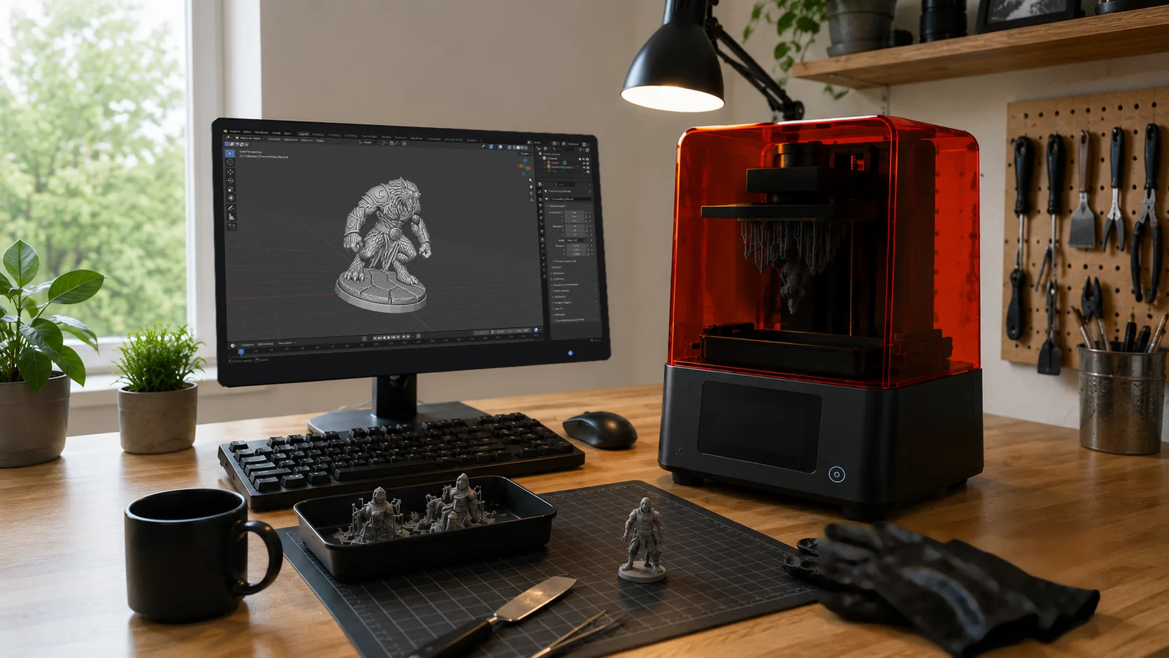 3D printing workstation with resin printer and digital miniature sculpt