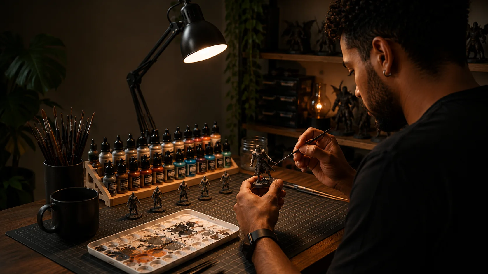 Painter working on a tabletop miniature at a hobby desk