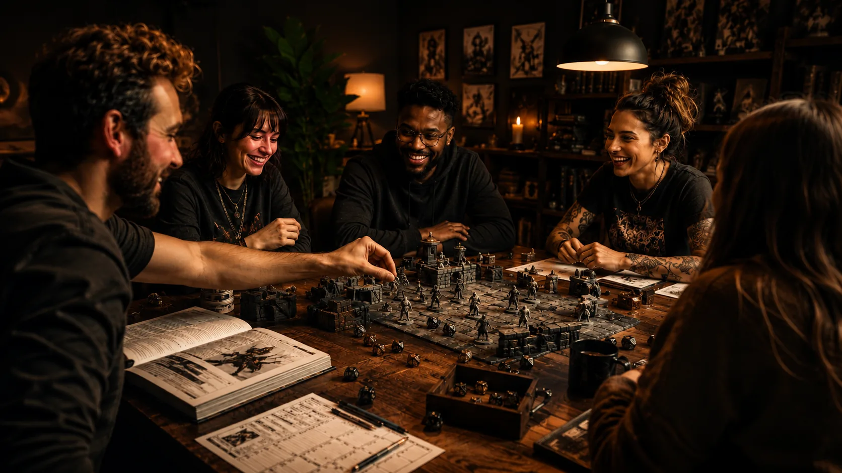 Friends playing a tabletop RPG with miniatures and dice