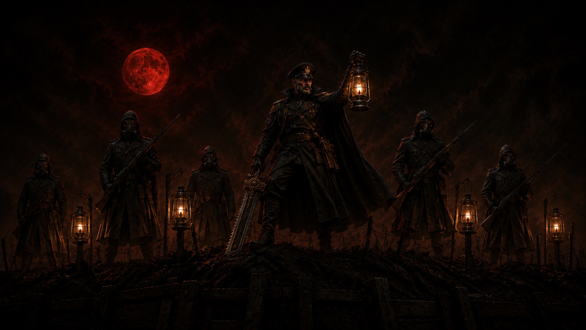 The Lanternwatch — a grimdark officer raising a burning lantern over the trench line