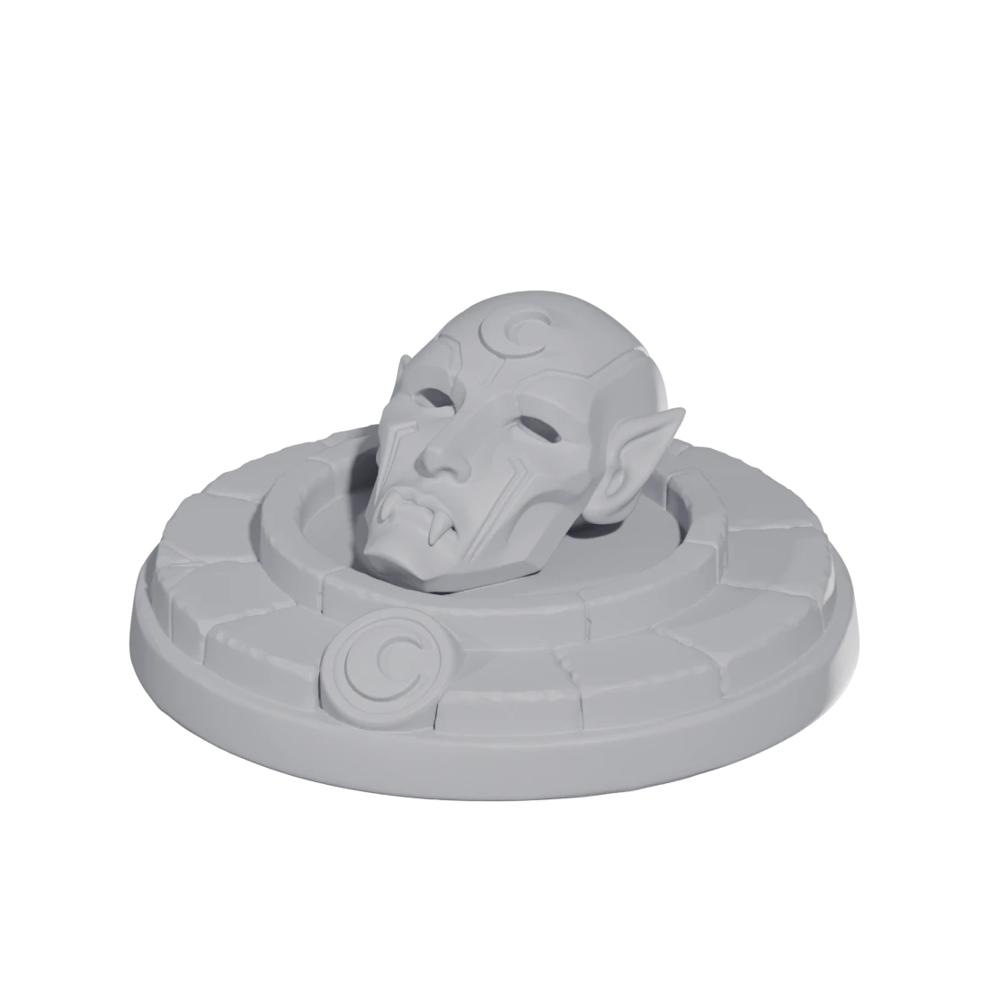 Grey resin render of the printable Blood Moon Mask relic on its ringed base